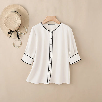 ZANZEA Women's Fashion Contrast-Trim Shirts 3/4 Sleeves O-Neck Button Up Casual Tops 2026 Summer Streetwear Chemises Femme