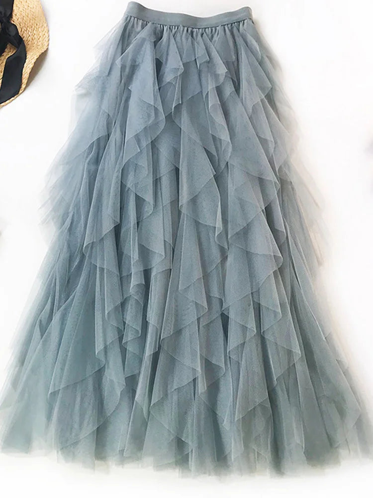 Fashion Tutu Tulle Skirt Women Long Maxi Skirt 2024 Spring Summer Korean Black Pink High Waist Pleated Skirt Female