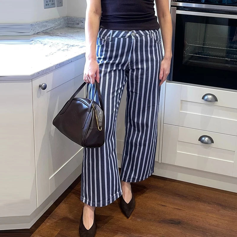HXAO Striped Denim Pants Women's Pants Summer 2026 Baggy Wide Leg Mid Waist Jeans Office Wear Women Chic Loose Straight Trousers