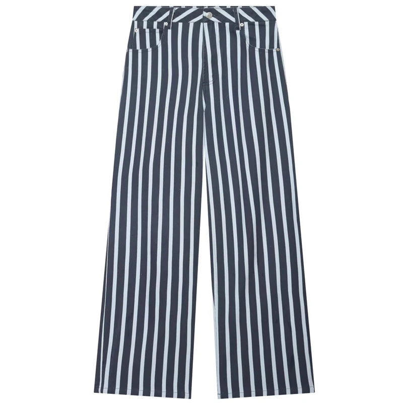 HXAO Striped Denim Pants Women's Pants Summer 2026 Baggy Wide Leg Mid Waist Jeans Office Wear Women Chic Loose Straight Trousers