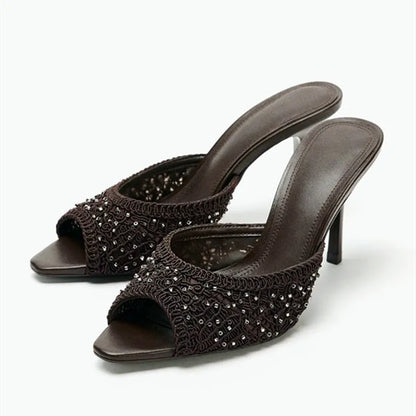 Brown Woven Mesh Women's Slippers Sexy Peep-Toe High Heels for Ladies Luxury Rhinestone Decoration Mules Sandals Elegant Shoes