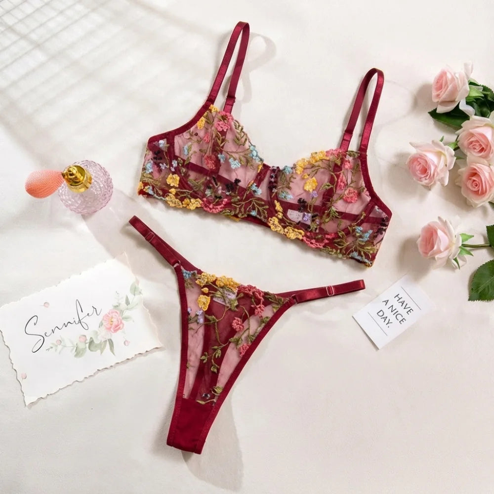 2-Piece Fashion Floral Lingerie Set Embroidery Sheer Underwear Intimates Underwire Push-up Versatile Bra Panty Set For Lady Girl