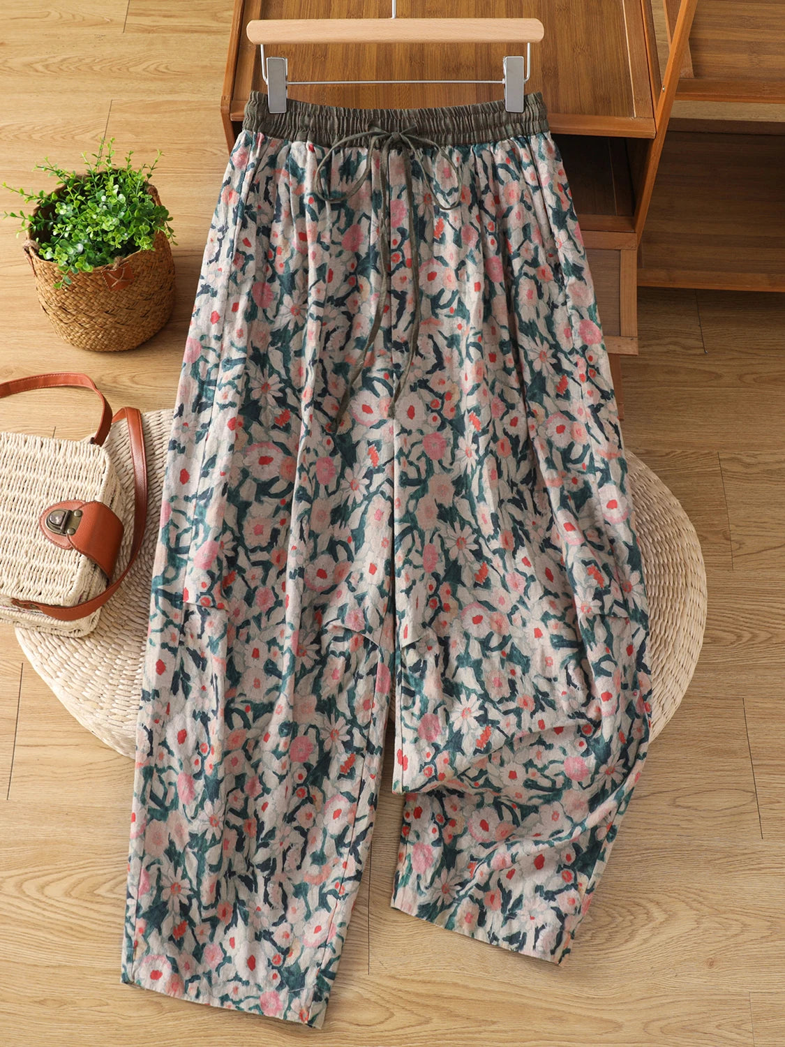 Retro Print Linen Harlan Pants Women Summer Thin Loose Color Block Drawstring High Waist Slimming Casual Cotton Linen Carrot ...