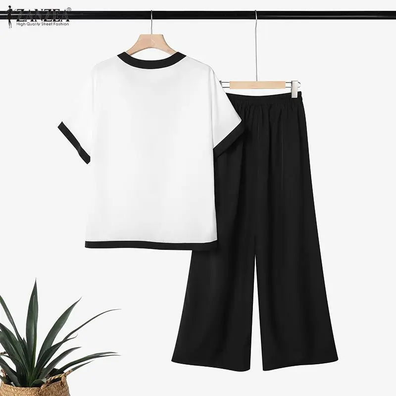 ZANZEA Color Blocked Loose 2 Pieces Matching Pant Sets Women Contrat-Trim Half Sleeve Tops & Wide Leg Pants Casual 2pcs Suits