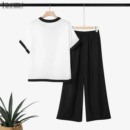 ZANZEA Color Blocked Loose 2 Pieces Matching Pant Sets Women Contrat-Trim Half Sleeve Tops & Wide Leg Pants Casual 2pcs Suits