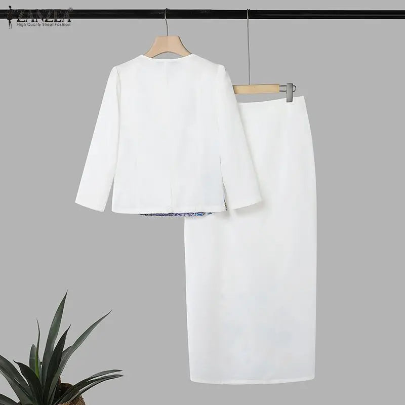 ZANZEA Autumn Outfits Dress Sets Floral Print Elegant 3/4 Sleeve Buttons Up Tops With A Line Skirt Two Piece Sets Oversize