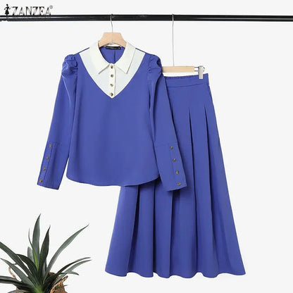 ZANZEA Summer Autumn Women Dress Sets Fashion Long Sleeve Tops Long Skirts Two-piece Outfits Muslim Dress Sets 2PCS Loose Kaftan