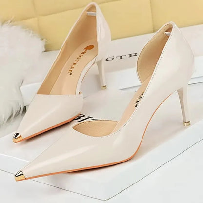 BIGTREE Shoes Black Patent Leather High Heels Metal Pointed Women Pumps Sexy Party Shoes Stilettos Women 7 Cm 10.5cm Heels