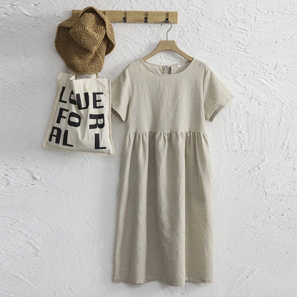 Original Women Cotton Linen Midi Dresses Summer Chic Female Vestidos Loose Soild A-Line Dress Short Puffy Sleeve Casual Sundress