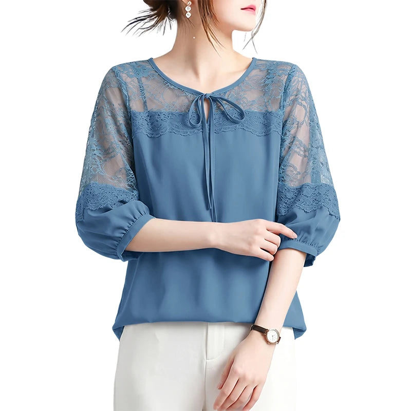 ZANZEA Woman Elegant Lace Patchwork Blouses Lace-Up O-Neck Lantern Sleeves Solid Color Sheer Tops Summer Everyday Wear Blusas
