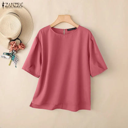 ZANZEA 2026 Summer Casual Blouses Woman O-Neck Half Puff Sleeves Solid Color Loose Tops Minimalist Everyday Wear Blusas de Mujer