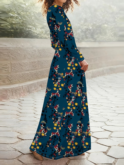 Printed design Casual Style Floral Print On Teal Dress Women's Long Sleeve Dress