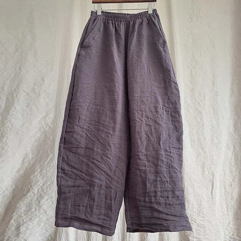 High Quality New Spring Summer Arts Style Women Elastic Waist Loose Ankle-length Pants Solid 100% Linen Casual Harem Pants T425