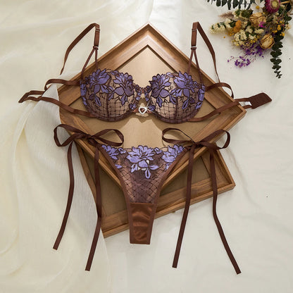 Purple Floral Embroidery Fishnet Lingerie Set Women Sheer Underwire Bra Side Tie Thong Sexy Ladies Underwear ZA825200