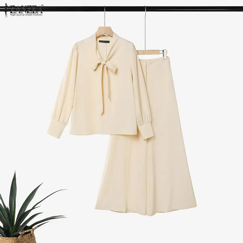 ZANZEA Women Elegant Chic Matching Pant Sets Tie Neck Long Sleeve Blouses & Wide Leg Pants 2pcs Suits Office Commute Wear Outfit
