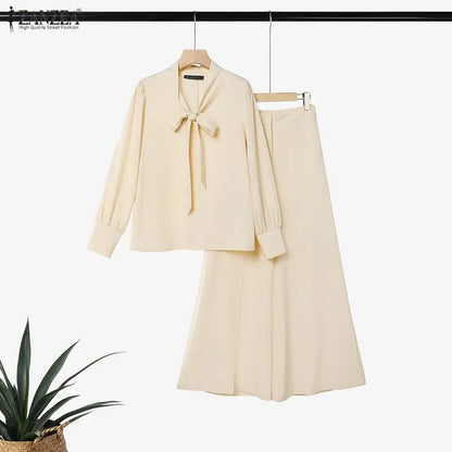 ZANZEA Women Elegant Chic Matching Pant Sets Tie Neck Long Sleeve Blouses & Wide Leg Pants 2pcs Suits Office Commute Wear Outfit