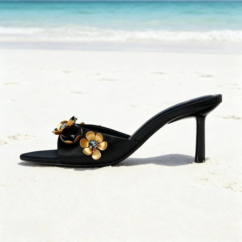 Novelty Metallic Flower Crystal Detail Women's Slippers Sexy Peep Toe Luxury Heeled Sandals for Ladies Summer Elegant Women Shoe