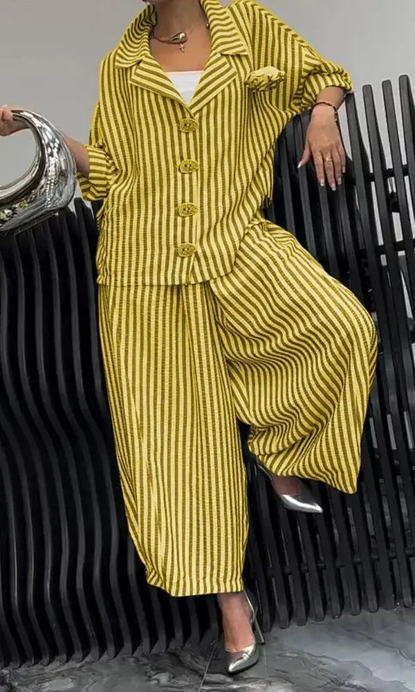 New Women Casual Tracksuits Set Long Sleeve Fashion Striped Blouse and Wide Leg Pants Suit Large Big 5xl Female Two Piece Sets