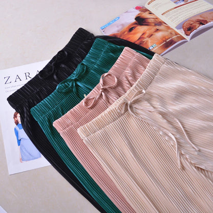 Women Fashion Summer Wide Leg Pants Pleated Ice Silk Trousers Elastic Waist Loose Casual Pants