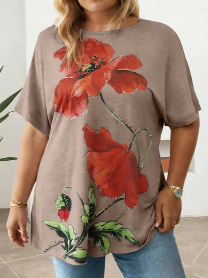 Plus Size Ladies Printed T-Shirt Loose Fit Multi-color Casual Short Sleeve O-Neck Daily Wear Tees