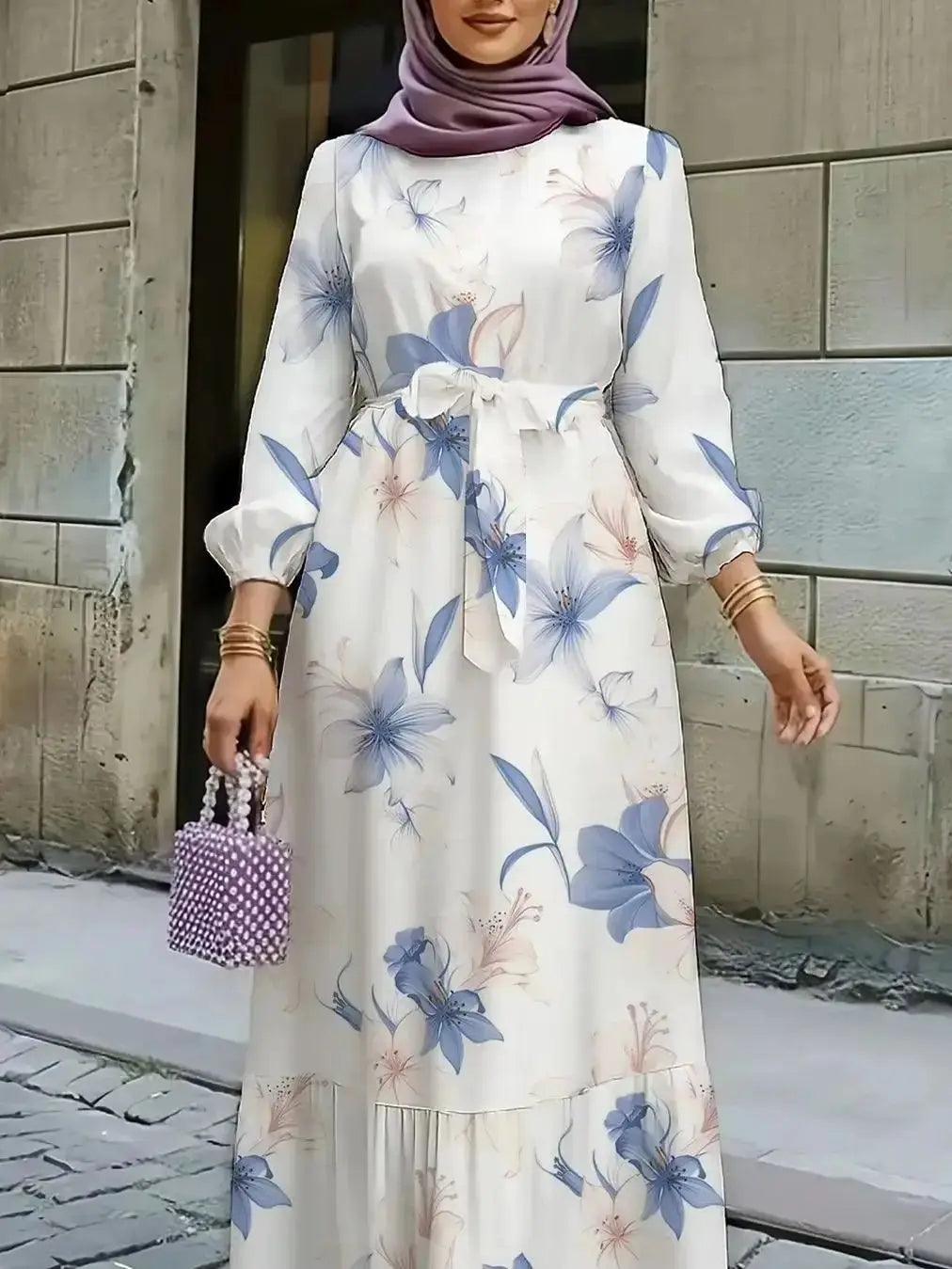 New Western style elegant floral print elastic waist spliced ruffled hem dress