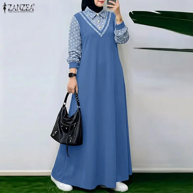 Ramadan Robe ZANZEA Polka Dots Printed Muslim Dress Abaya 2026 Women Casual Lapel Neck Long Sleeve Patchwork Baggy Maxi Sundress