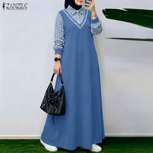 Ramadan Robe ZANZEA Polka Dots Printed Muslim Dress Abaya 2026 Women Casual Lapel Neck Long Sleeve Patchwork Baggy Maxi Sundress