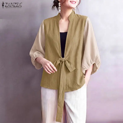 ZANZEA Woman Kimono Tops Stylish Color Blocked Lantern Sleeves Tie-Front Cover-Up 2026 Summer Casual Daily Wear Loose Cardigans