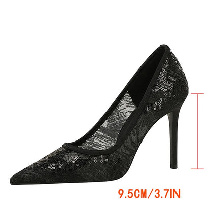 BIGTREE Shoes Women Pumps Pointed Tip High Heels Women 9.5 Cm Heels Lace Mesh Wedding Shoes Stiletto Sexy Party Shoes 3 Color
