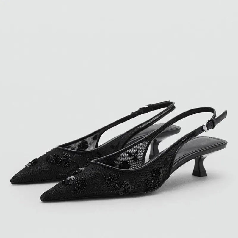Luxury Bling String Bead Detail Mid Heel Women Pumps Pointed Toe Mesh Slingback Heeled Sandals for Ladies Elegant Women Shoes