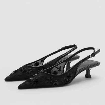 Luxury Bling String Bead Detail Mid Heel Women Pumps Pointed Toe Mesh Slingback Heeled Sandals for Ladies Elegant Women Shoes