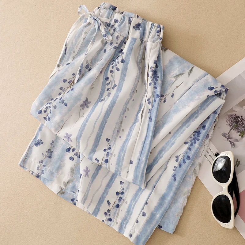 Casual Floral Print Wide Leg Pants High Waist Long Trousers Women's Spring Summer Vacation Style Comfortable Breathable Cotton