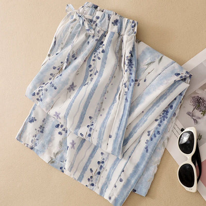 Casual Floral Print Wide Leg Pants High Waist Long Trousers Women's Spring Summer Vacation Style Comfortable Breathable Cotton