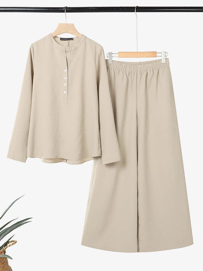 2026 ZANZEA Spring 2 Piece Sets Fashion Women Long Sleeve Tops Pants Sets Casual Solid Outfits Work Tracksuit Wide Leg Trousers