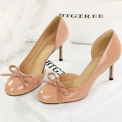 BIGTREE Shoes Round-toe Women Pumps Patent Leather High Heels Bowknot Women Heels Stiletto 8 cm Sexy Party Shoes Nude Black