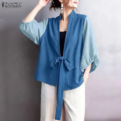 ZANZEA Woman Kimono Tops Stylish Color Blocked Lantern Sleeves Tie-Front Cover-Up 2026 Summer Casual Daily Wear Loose Cardigans