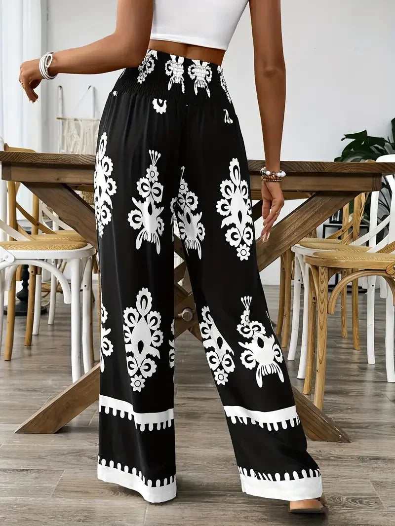 Women Fashion Plus Size 1XL-5XL Floral Print Wide Leg Pants Female Casual  Elegant Drawstring High Waisted Loose Long Trousers