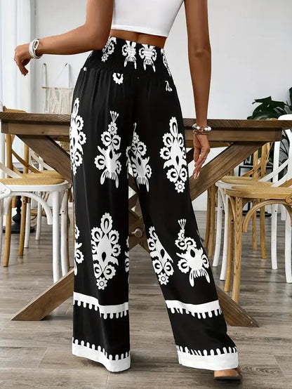 Women Fashion Plus Size 1XL-5XL Floral Print Wide Leg Pants Female Casual  Elegant Drawstring High Waisted Loose Long Trousers