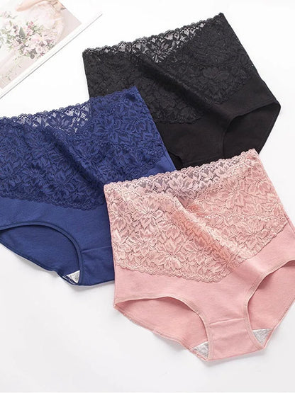 V-neck High Waist Underwear Women Cotton Lace Panties Hot Temptation Girls Belly Briefs