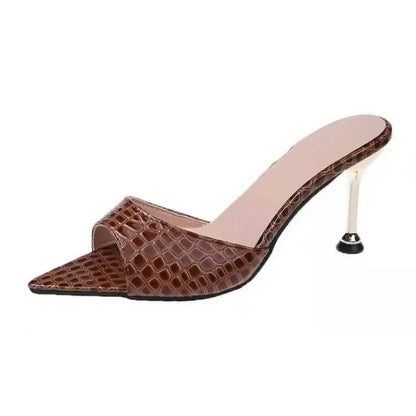 Snake Print Strappy Mule Women Thin High Heels Slippers Sandals Pointed Peep Toe Slides Party Flip Flops Shoes