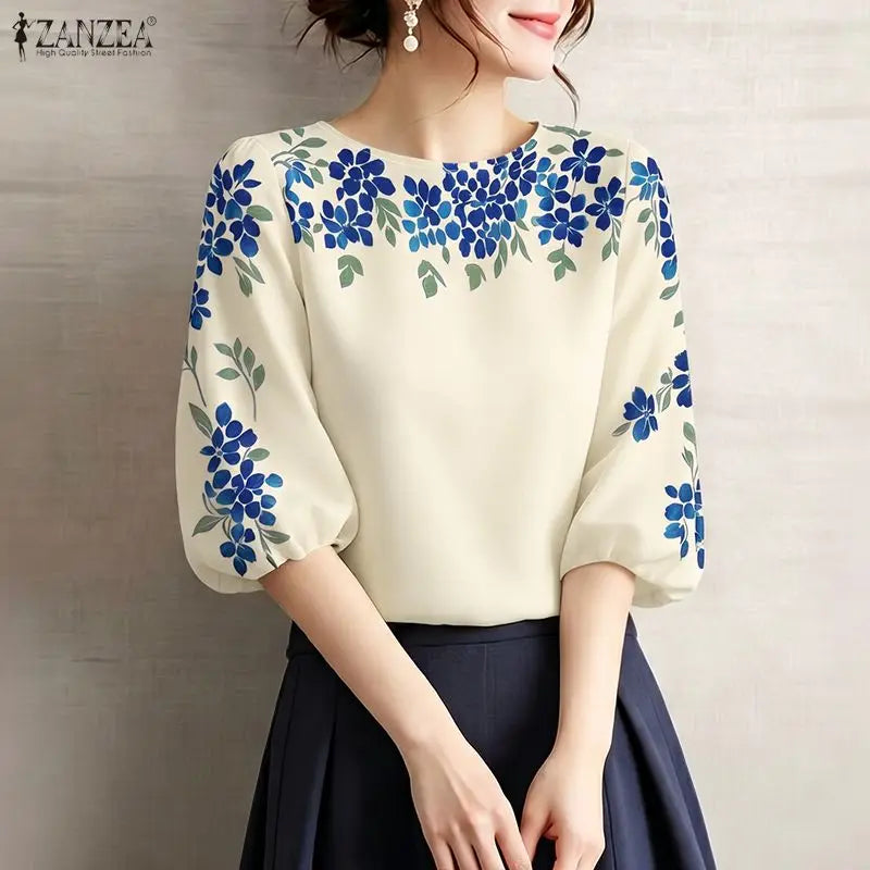 ZANZEA 2026 Woman Floral Print Blouses Elegant O-Neck 3/4 Puff Sleeve Tops Summer Casual Vacation Everyday Wear Blusas de Mujer