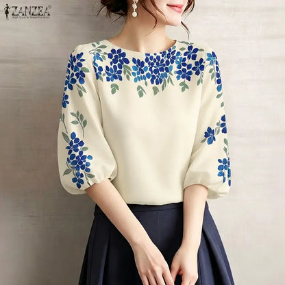 ZANZEA 2026 Woman Floral Print Blouses Elegant O-Neck 3/4 Puff Sleeve Tops Summer Casual Vacation Everyday Wear Blusas de Mujer