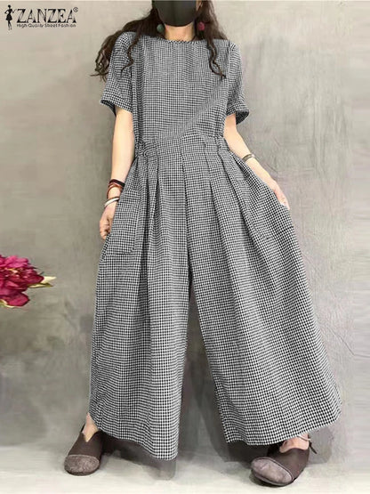 ZANZEA 2024 Fashion Women Gingham Jumpsuits Loose Casual Pleated Waist Short Sleeve Checked Wide Leg Overalls O Neck Long Romper