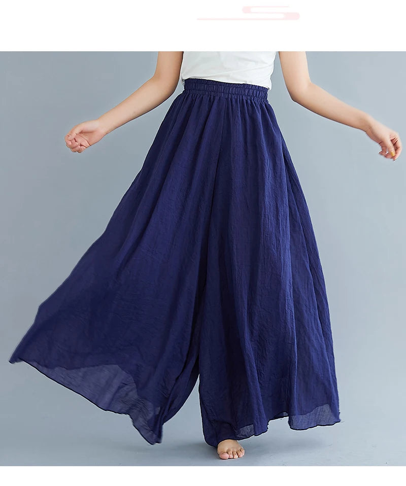 Cotton Linen Wide Leg Pants for Women Summer Casual Loose Pants High Waist Big Swing Skirt Capris Women Clothing PT-565