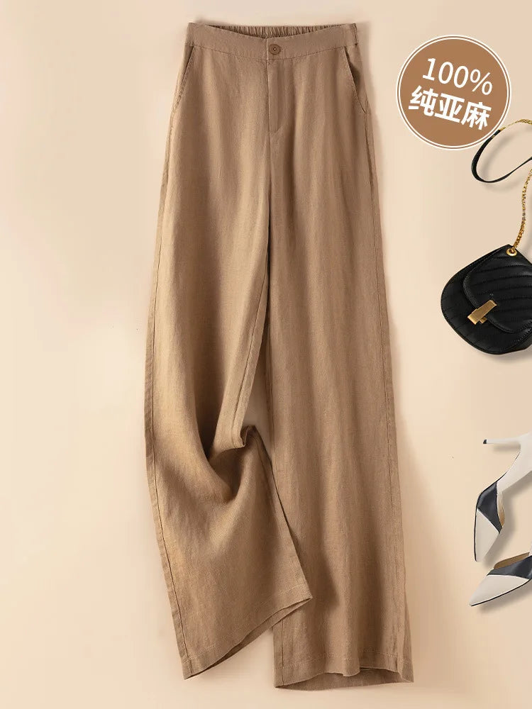 Women's 100% Pure Linen Wide-Leg Pants Loose Drape Ankle Length Summer Thin Straight-Cut Casual Trousers