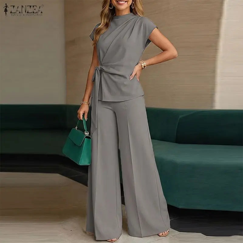 Fashion Women 2 Piece Sets ZANZEA Summer Trousers Suit Short Sleeve Lace-Up Blouse Wide Leg Pant Sets Solid Color OL Work Outfit