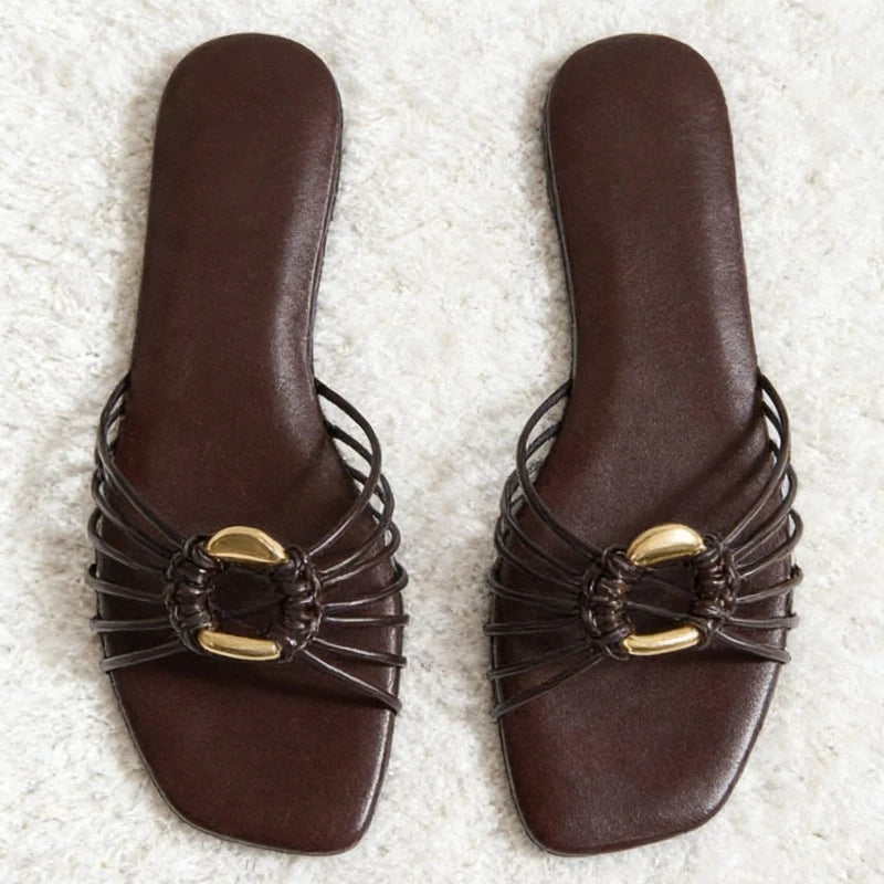 Brown Narrow-Strap Woven Design Flat Slippers Women Summer 2026 Light Comfortable Sandals for Wome Metal Decorations Beach Shoes