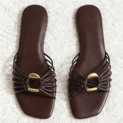 Brown Narrow-Strap Woven Design Flat Slippers Women Summer 2026 Light Comfortable Sandals for Wome Metal Decorations Beach Shoes