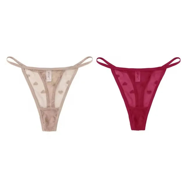 2Pcs Heart See Through Mesh G-String T-Pants Underpants Sexy Lace Sheer Underwear Women's Low Waist  Lingerie Thong Panties