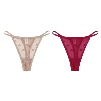 2Pcs Heart See Through Mesh G-String T-Pants Underpants Sexy Lace Sheer Underwear Women's Low Waist  Lingerie Thong Panties